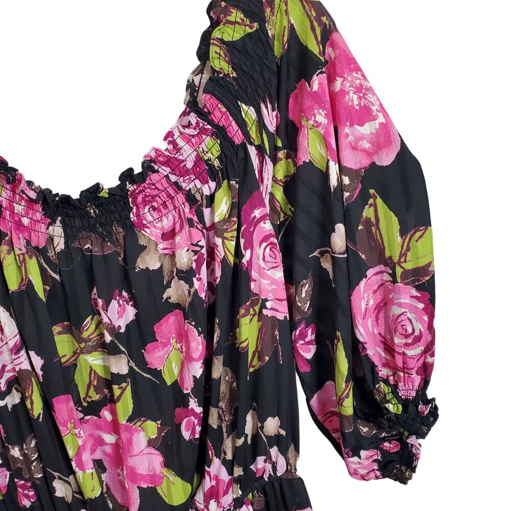 Boston Proper Sz M Dress Floral Chiffon Smocked Neckline Off Shoulder Puff Sleev - Picture 10 of 12